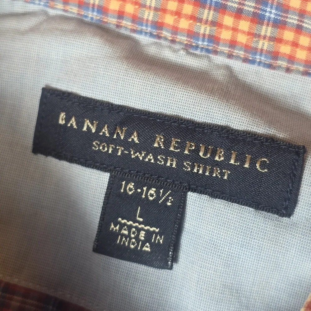 Banana Republic Men's L Orange Blue Plaid Long Sleeve Cotton Button-Down Shirt